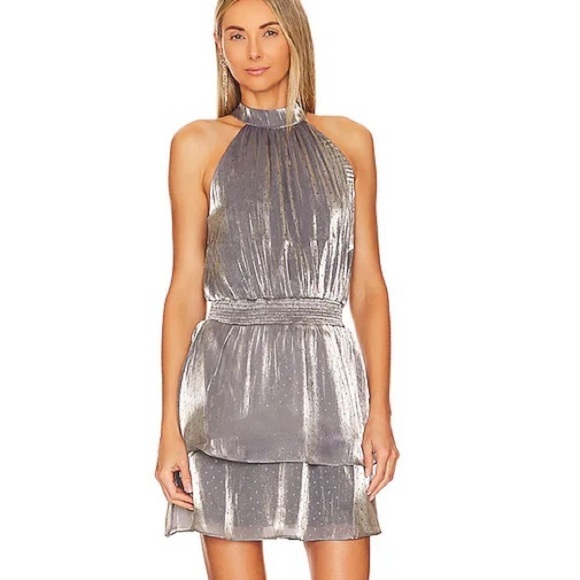 1.State NWT Metallic Dot Halter Mini Dress Medium silver tiered cocktail party - Picture 12 of 12